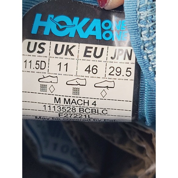Hoka One One, Round Toe Athletic Running Shoes, Mens Size 11.5 Blue Light Green. main image 4